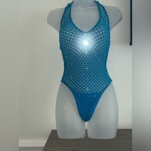 One piece fishnet stripper dance outfit blue with crystals